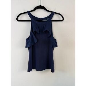 Maeve Top Navy Blue S Ruffle Halter Ribbed Knit Sleeveless Boho